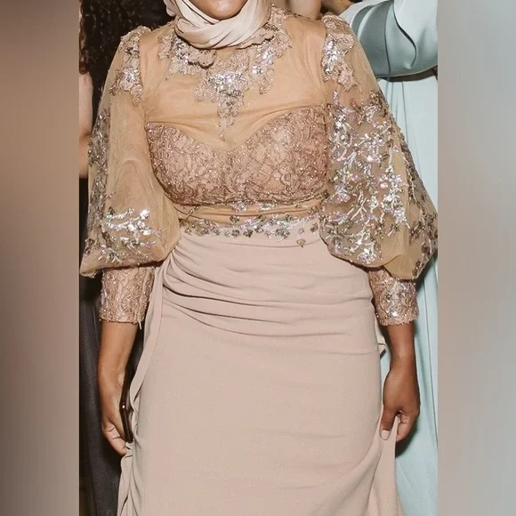Dresses | Tan Evening Long Sleeve Maxi Dress Worn Once In Great Condition  Size 8 | Poshmark